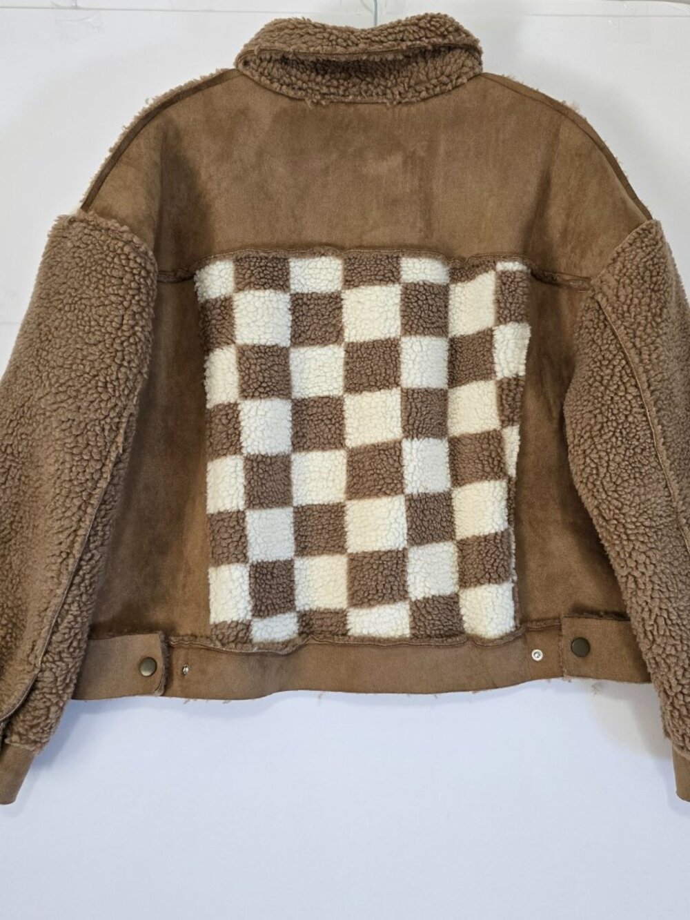 Miss Me Sherpa Faux Suede Jacket L Tan Checkered Patchwork NWT - Picture 3 of 9
